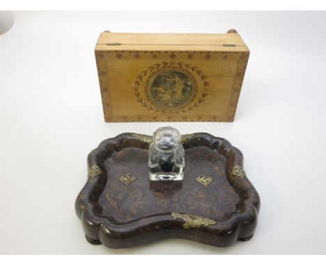 A 19th Century satinwood Box with circular reserve of classical figures, inlaid surround on bun feet, 9in and a papier mache 