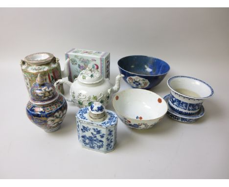 A 19th century Cantonese cylindrical Teapot painted birds, butterflies, figures and flowers, a polychrome Flower Brick, small