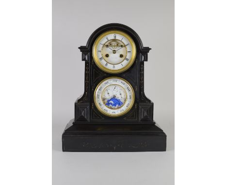 A late 19th Century black marble cased Calendar Clock with white enamel circular clock dial with visible escapement above yea