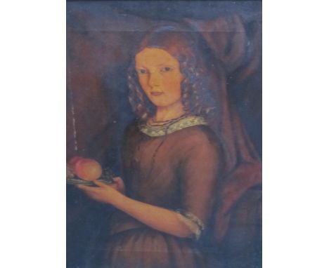 ENGLISH SCHOOL CIRCA 1860. Portrait of a young Girl, half-length, holding a plate with Fruit, oil on canvas, 26 1/2 x 20 in