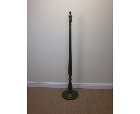 A green lacquered Standard Lamp on circular base with gilt and painted Chinese design of flowers and figure in landscape, 5ft