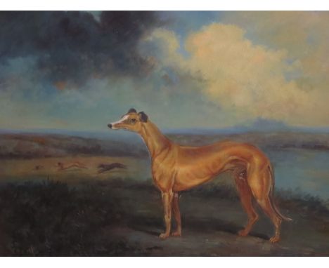 AFTER SAM SPODE, Greyhound in an extensive landscape, others coursing a hare beyond, oil on canvas, bears signature, 16 x 20i