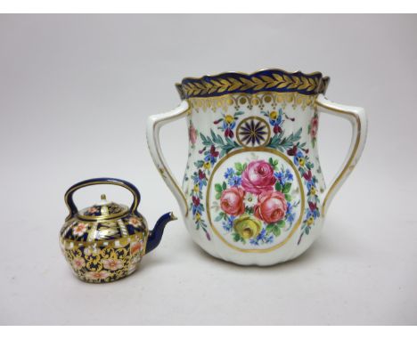 A Royal Crown Derby miniature Kettle with Imari pattern, a Dresden three handled Vase floral painted, A/F a Chinese Imari Tea