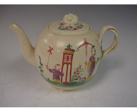 A creamware bullet shaped Teapot, the lid with flower finial, painted Chinese figures in various pursuits in a landscape, mou