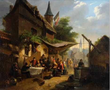 Eugène de Block (1812 Geraardsbergen - 1893 Antwerpen)Das Dorffest, Öl auf Holz, 43 cm x 52,6 cm, monogrammmiert, partiell re