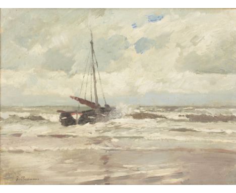 Gregor von Bochmann (1850 Gut Nesat - 1930 Hösel)Seestück mit Segelboot, Öl auf Holz, 24,5 cm x 32,2 cm, signiert, Holzplatte