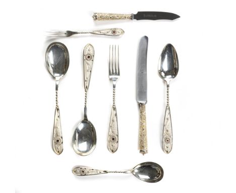 Speisebesteck für 6 Personen, 23-tlg., Michelsen, Silberfiligraner Durchbruchdekor mit roten Steinen, Silber 800, 6 Gabeln, 6