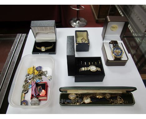Assorted Ladies and Gent's Wristwatches, enamel and other medallion pendants, cap and other badges etc. 