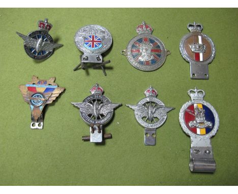 Eight Car Bumper Badges, including Three Civil Service Motoring Association, Automobile Racing Association Air, Land, Water '