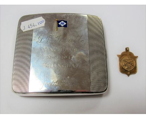 A Hallmarked Silver Cigarette Case, of rounded square form, part engine turned, detailed with enamel flag above "G.R.Torrible