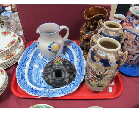 Pair of Early XX Century Japanese Vase's, featuring Samurai warriors, treacle glaze Toby jug, willow pattern meat plate, Pool