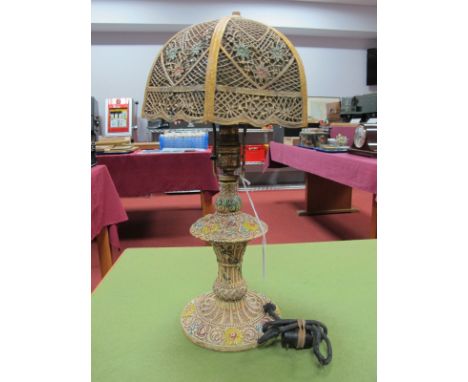 A Circa 1920's Cold Metal Art Deco Lamp, with five green glass inserts to shade, 39cm tall.