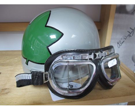 A Period Cromwell Pudding Basin Motorbike Helmet, restored in colours of Bill Ivy, with modern goggles. 