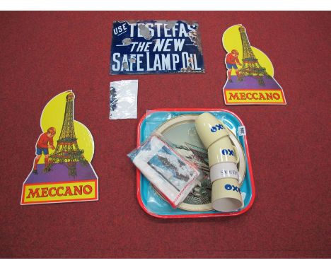 Two reproduction Meccano Shop Display Colour Cards, 36cms high, a 'Full Swing- Mineral Waters' advertising tray, Expo '67 tra