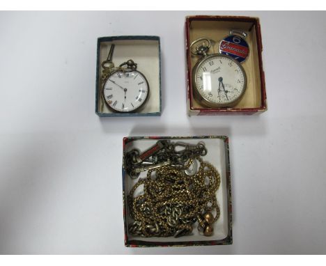 An Openface Fob Watch, the dial signed "Muret"; together with an Ingersoll Yankee pocketwatch, watch chains, "Granada" enamel