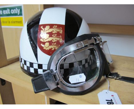 Everoak Period Pudding Basin Motorbike Helmet, restored in Phil Read colours, with modern goggles. 