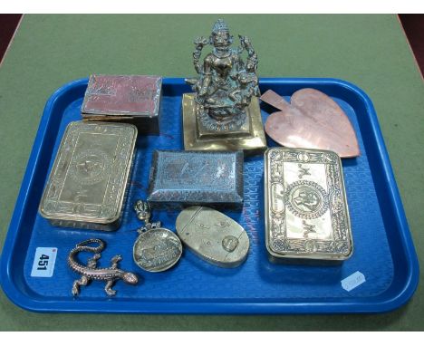 Two WWI Toffee Tins, copper inlaid white metal trinket box, another "La Veillee" oval brass snuff box, etc:- One Tray