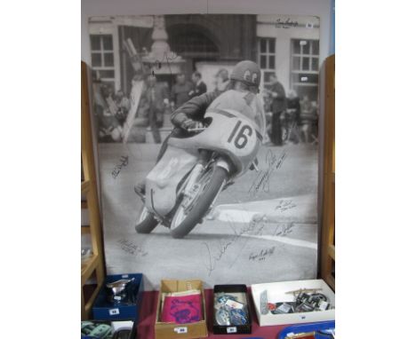 Large Black and White Print of John Cooper, signed by John Cooper, Mike Duff, Colin Seeley, Jason Griffiths and five other no