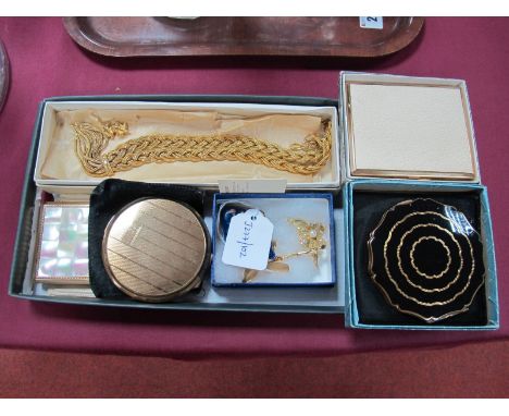 Stratton and Melissa Compact, cigarette case, plaited style necklace, brooches etc. 