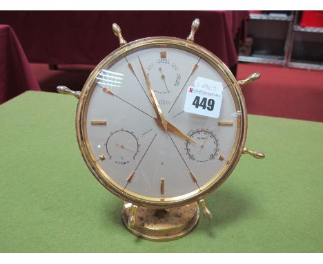 Angelus Ships Wheel Style Alarm Clock, with weather gauge functions with inscription on back' To Capt Tonville O.B.E Fellow M