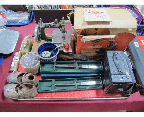 XX Century Grain Sewing Machine, Kodak camera (No. 2 Cartridge Hawk-Eye Model C), child's sandals etc,  letter openers, James