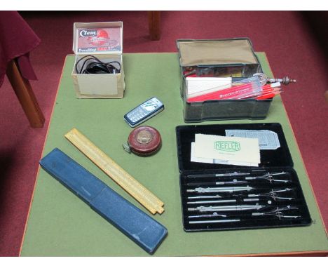 Advertising Pencils, Pinder Geometry Set, Unique Slide Rule, Chesterman Tape etc.