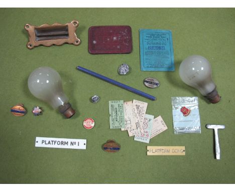 A Quantity of Railway Items, mainly LMS related, including light bulbs, pass holder, badges, tickets among associated items. 