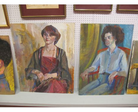 Lydia Roundell (British XX Century) 'Angela', portrait study, oil on board, 76.5 x 61cms, signed lower right, another, seated