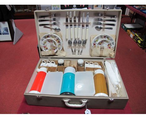 A 1960's Travel Picnic Hamper, with contents, six place settings. 
