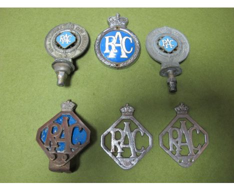 Six Royal Automobile Club Bumper and Radiator Cap Mascot Badges, circa 1930's - 1950's, associate numbers include F179596, V4