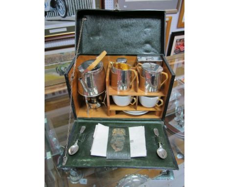 An Early XX Century Picnic Set for Two by A. Davies and Co., The Strand, London, green leather finish, original fittings. Inc