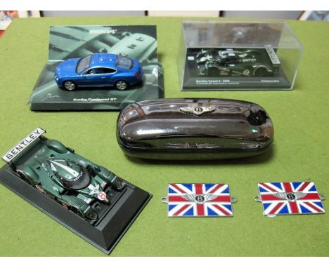 Three 1:43 Scale Bentley Diecast Models, cased Bentley Speed 8 - 2003, Minichamps Bentley Speed 8 (missing perspex lid), Mini