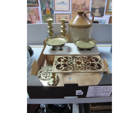 French Made Scales, having marble top and brass pans, Stoneware flagon, brass candlesticks, trinkets:- One Box 