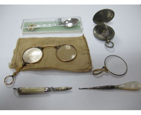 Lorgnettes, souvenir spoon, pocket compass, Richards small folding pocket knife etc. 