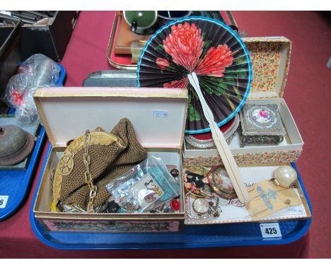A 9ct Gold Cased Ladies Wristwatch, compact, French evening bag, enamel Minnie Mouse badge, trinket boxes, buttons, fan, etc: