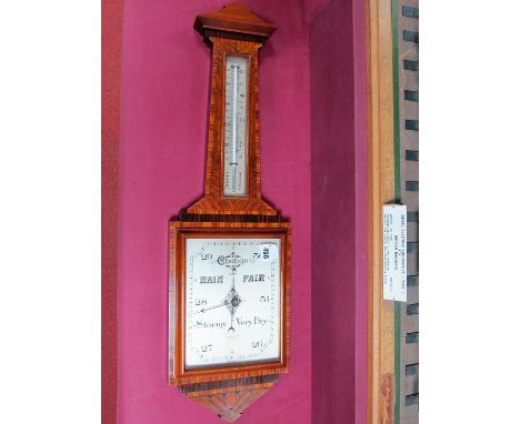 Art Deco Walnut Wall Barometer For H.L. Brown of Sheffield, with silvered dial and thermometer to neck, inlaid in varyious wo