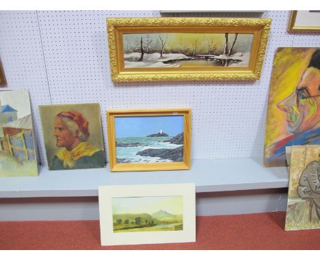 Karen Joy Harding, Lighthouse, oil on board, 26.5 x 36cms signed lower left, oils on board of 'On The Wye', portrait and wint