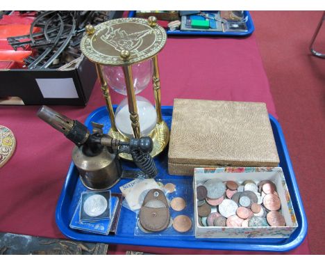 Three Crowns Blow Lamp, egg timer, Walker & Hall dessert cutlery in case, quantity of coins including 2002 five pounds, 1937 