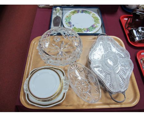 A Royal Worcester 'Vine Harvest' Cake Plate and Knife (boxed), lead crystal hors d'oevres dishes with plated mount, cut glass