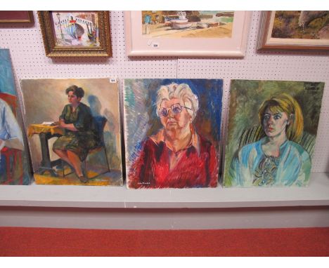 Lydia Roundell (British XX Century) Portrait Study, of a lady wearing maroon cardigan, oil on board, 61 x 51cms, signed lower