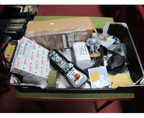 A Quantity of Motorcycle and Car Spare Parts, including Ducati Clutch Discs, Alfa Romeo Bonnet Badge, Hella Light Cluster (no