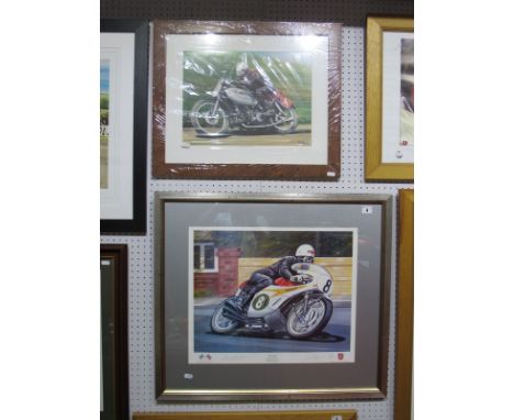 Father and Son Motorbike Grand Prix Winners, after Jim Blanchard- Stuart Graham- signed by artist and rider plus framed print