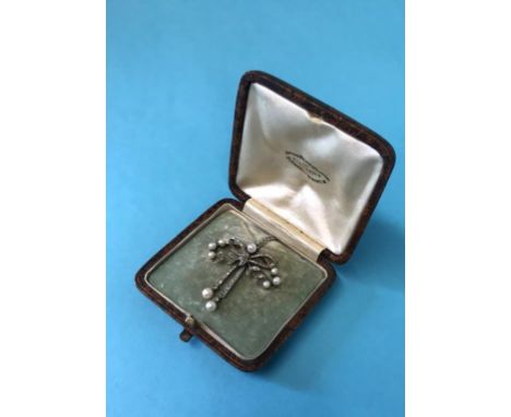 A 9ct gold, platinum diamond and pearl pendant.