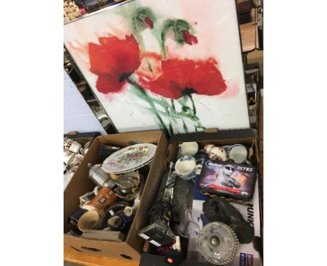 Two boxes assorted including stein, lamp, large framed print etc.