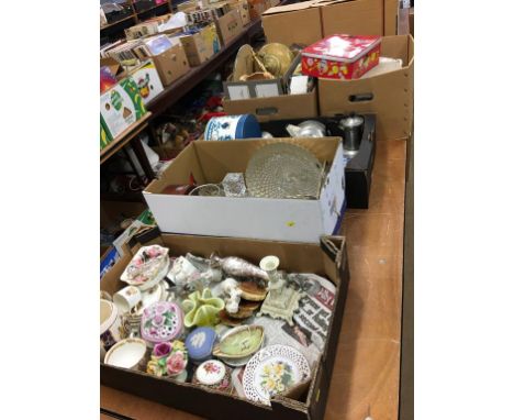 Five boxes assorted including Plumbs curtains, glassware etc.