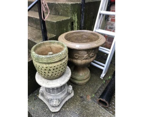 Composite stone pedestal, and a LNER railway post