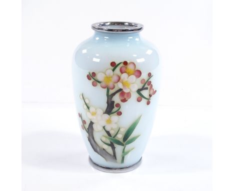 A Japanese prunus design enamel vase, height 12cm 