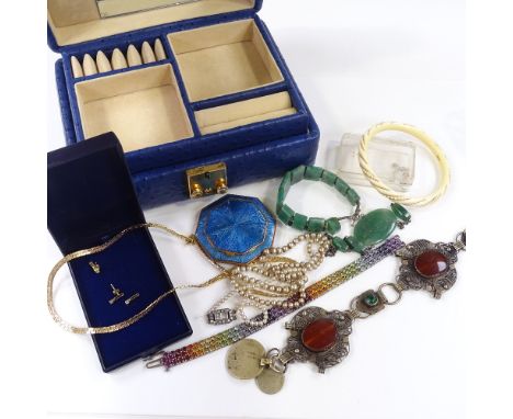 A multi gemstone set bracelet, enamel compact, jewel box etc 