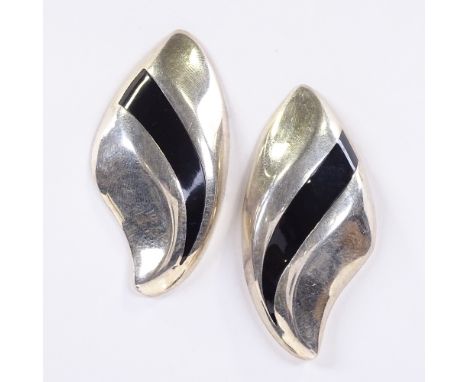 A pair of Mexican silver and black enamel stylised earrings, model no. TC-243, length 46.4mm, 17.5g total 
