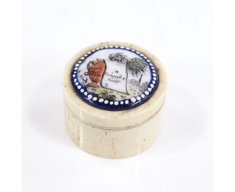 An Antique bone cylindrical box, with inset painted enamel plaque to the lid, diameter 3cm 